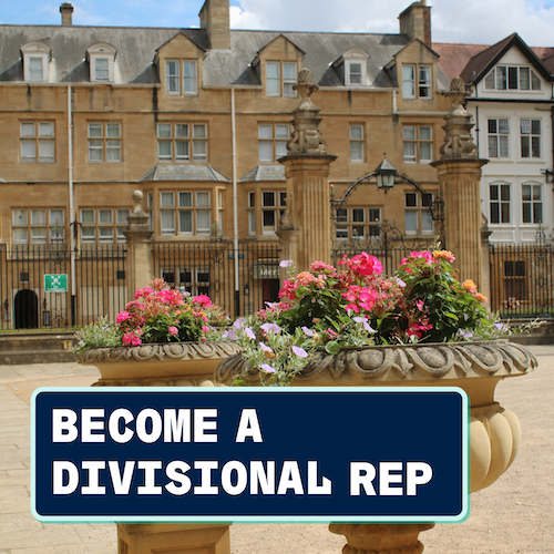 Two flower pots with pink and purple with text in front that reads 'Become a Divisional Rep'