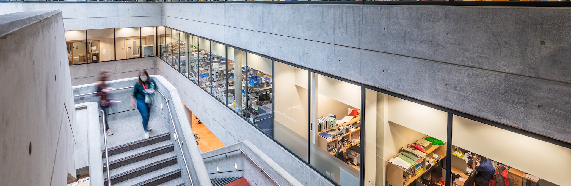 Two people walking down stairs in a brutalist building, looking into a library with bookshelves.