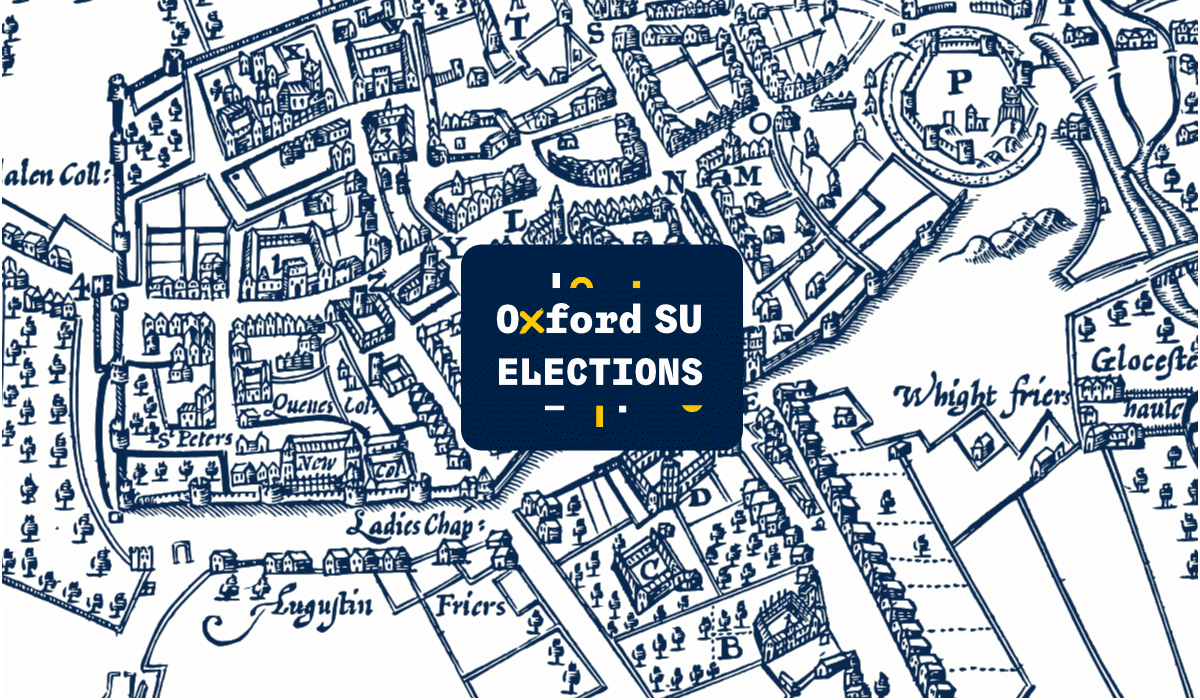 Old style map in blue with Oxford SU Elections logo